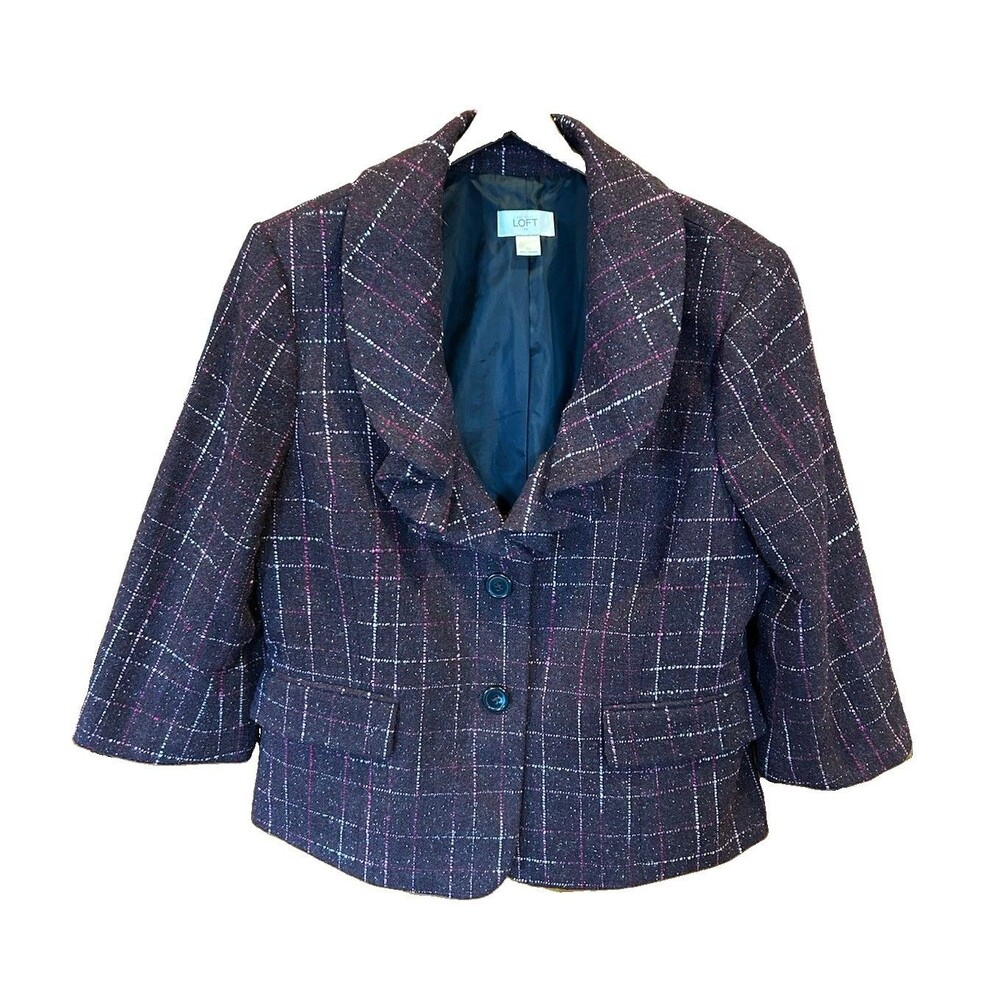 Loft Wool Blend Blazer Jacket Sz 16 Ruffled Tweed Pink Purple Fall Winter Career